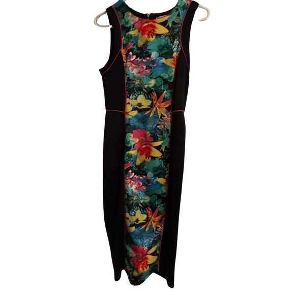 Spense Dresses & Skirts - Spense Tropical Floral Midi Dress with Black Panels